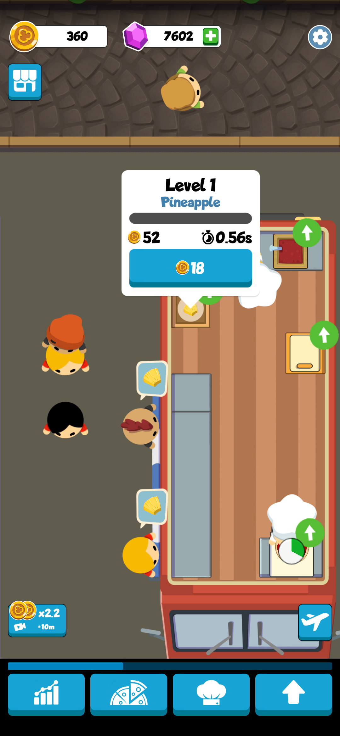 Idle Pizza gameplay showing pizza shop upgrades