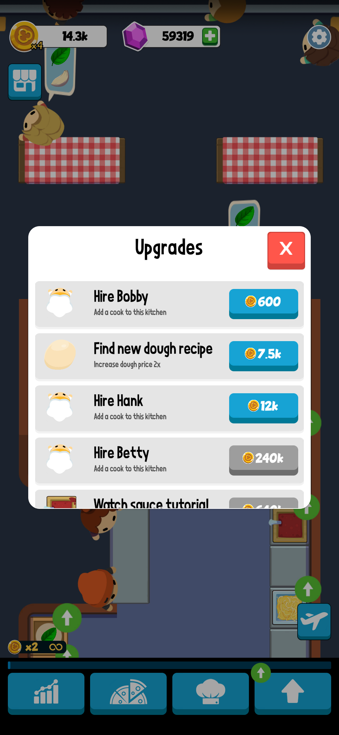 Idle Pizza upgrade menu showing tier milestones