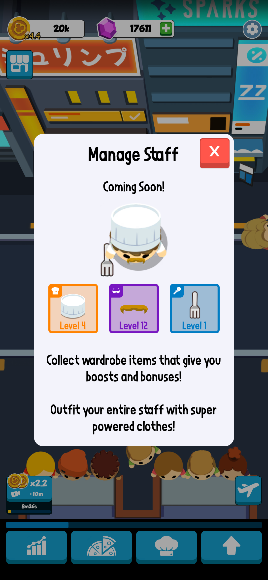 Idle Pizza station upgrade with tier multiplier